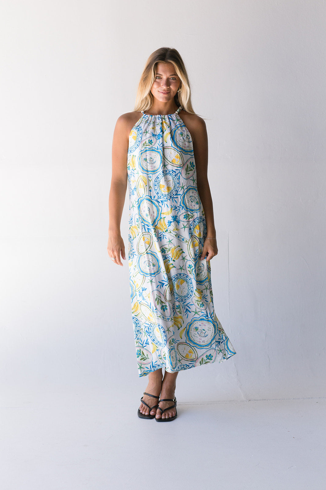 Harvest Island Halter Midi Dress - White/Blue/Yellow