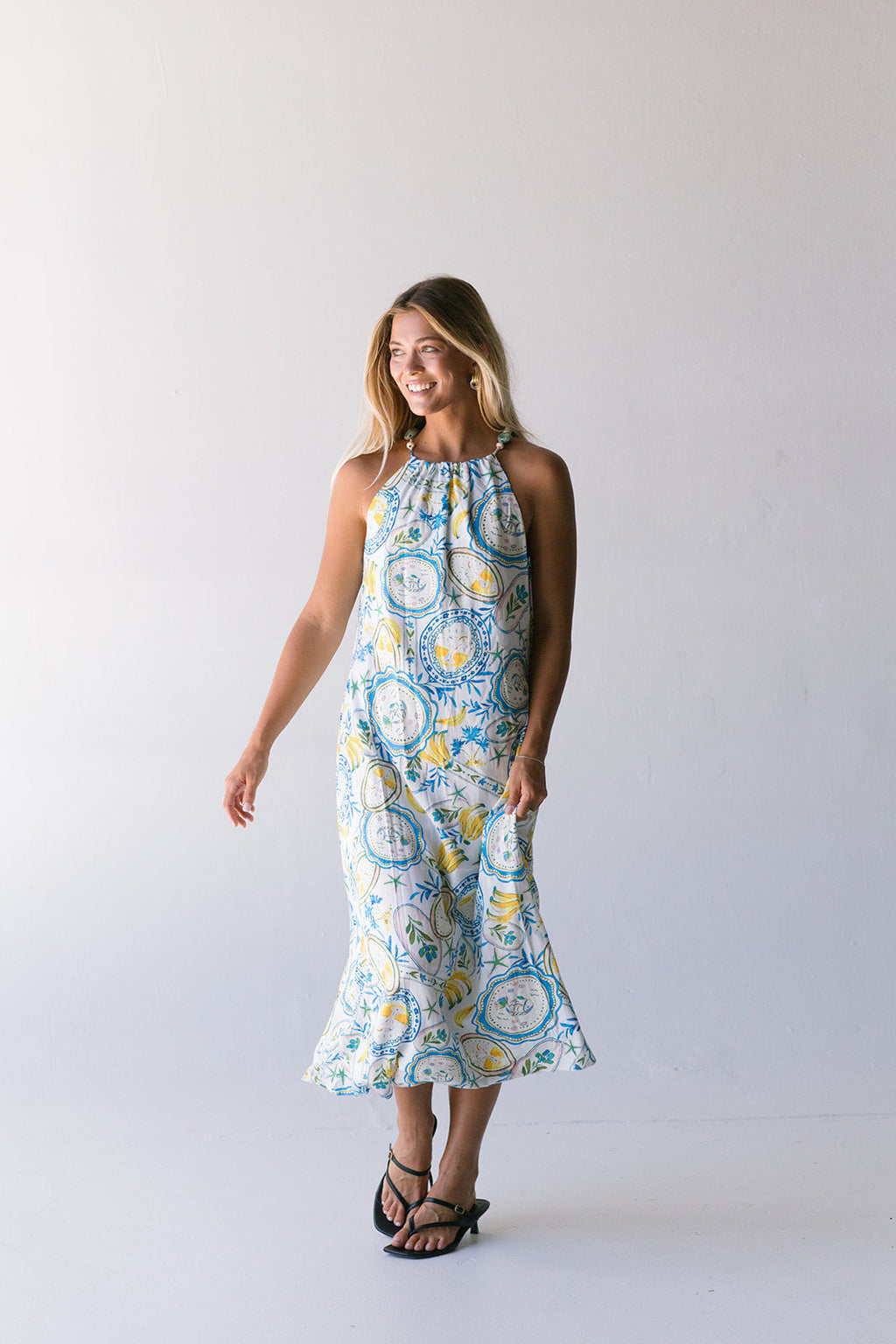 Harvest Island Halter Midi Dress - White/Blue/Yellow