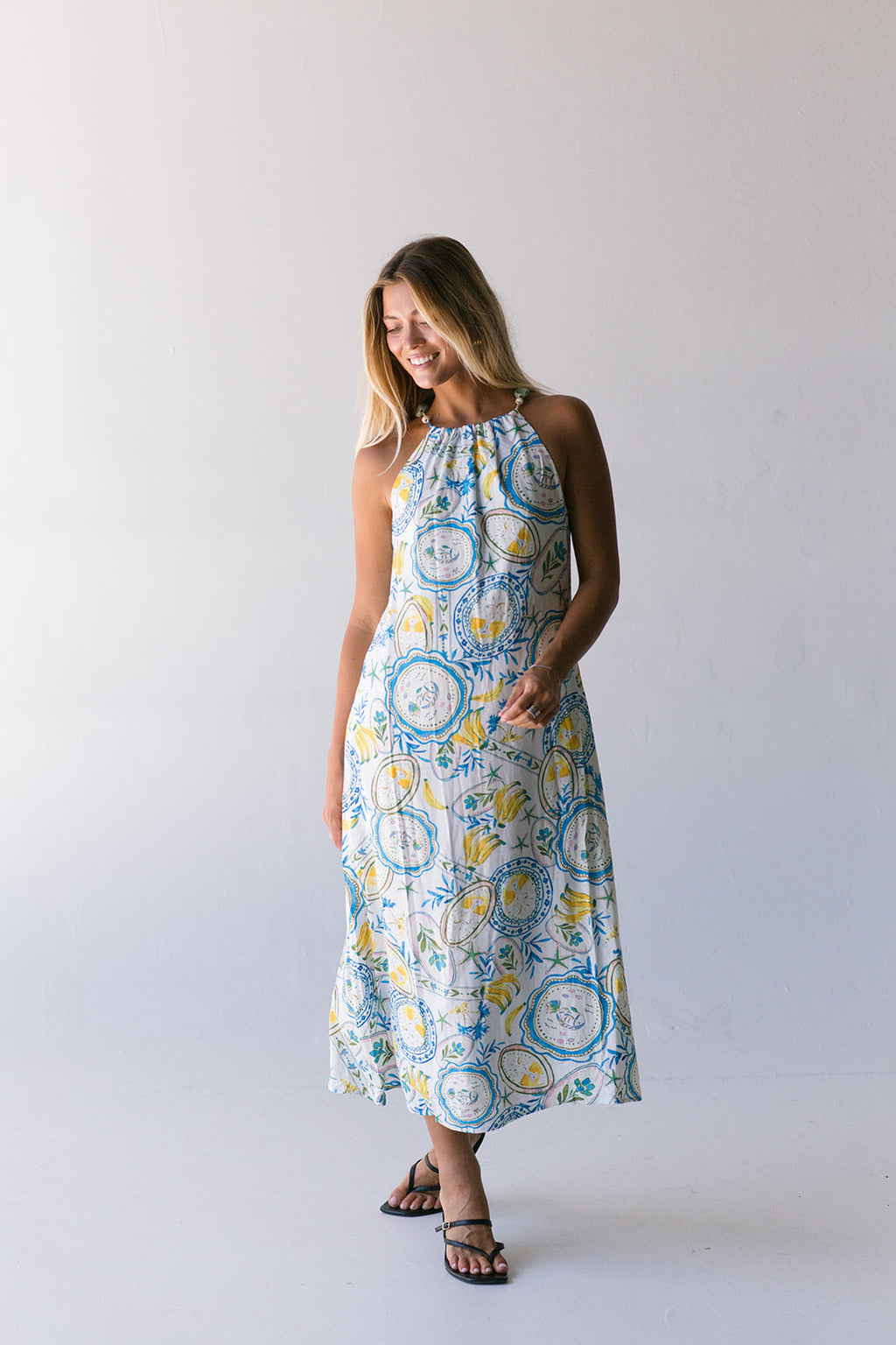 Harvest Island Halter Midi Dress - White/Blue/Yellow