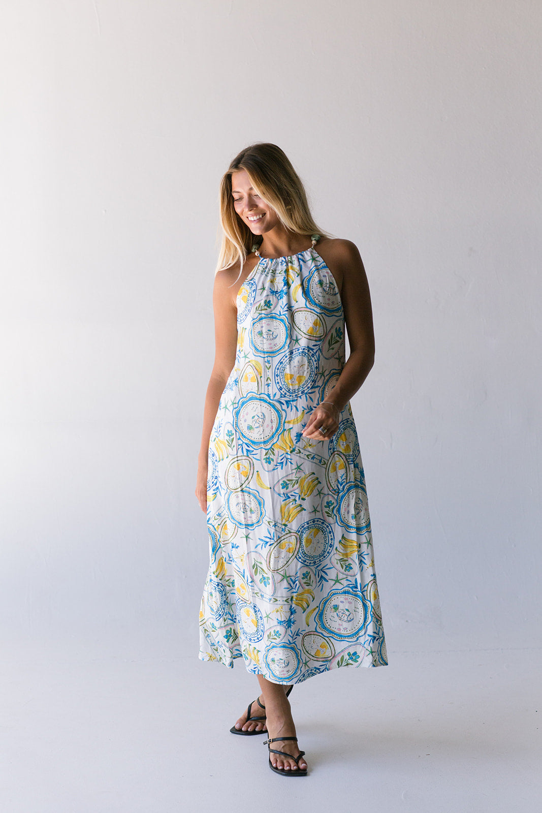 Harvest Island Halter Midi Dress - White/Blue/Yellow