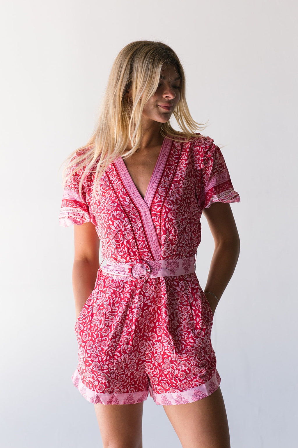 Daphne V-Neck Romper - Red/Pink