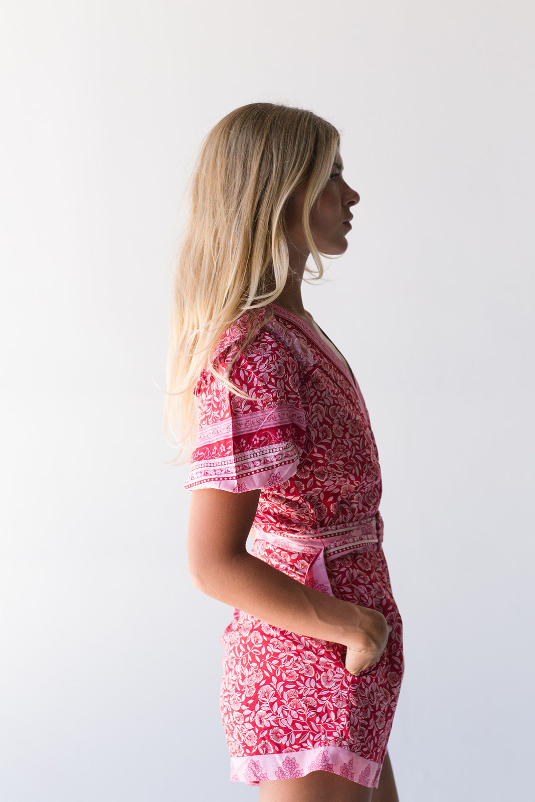 Daphne V-Neck Romper - Red/Pink