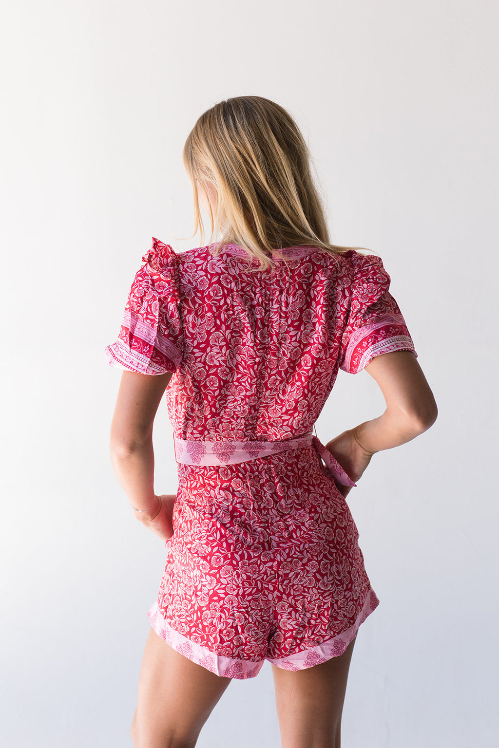 Daphne V-Neck Romper - Red/Pink