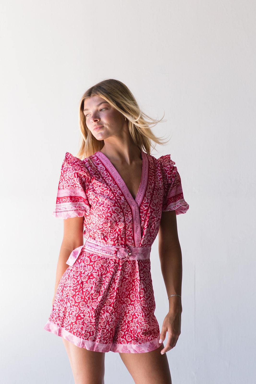 Daphne V-Neck Romper - Red/Pink