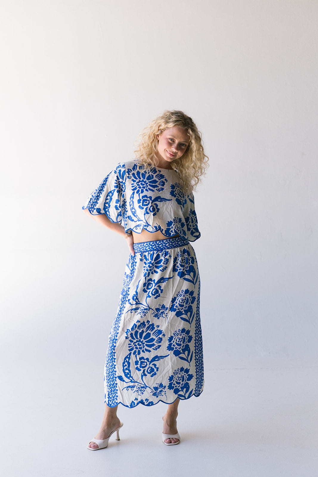 Veronica Linen Floral Skirt Set-Off White/Blue