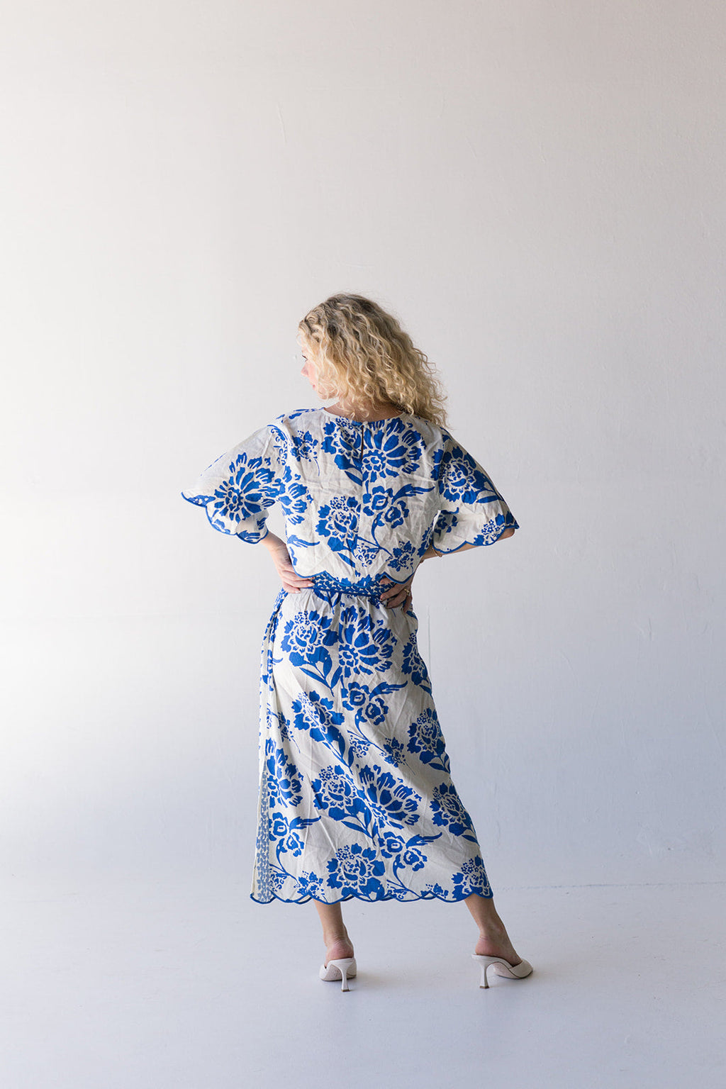 Veronica Linen Floral Skirt Set-Off White/Blue