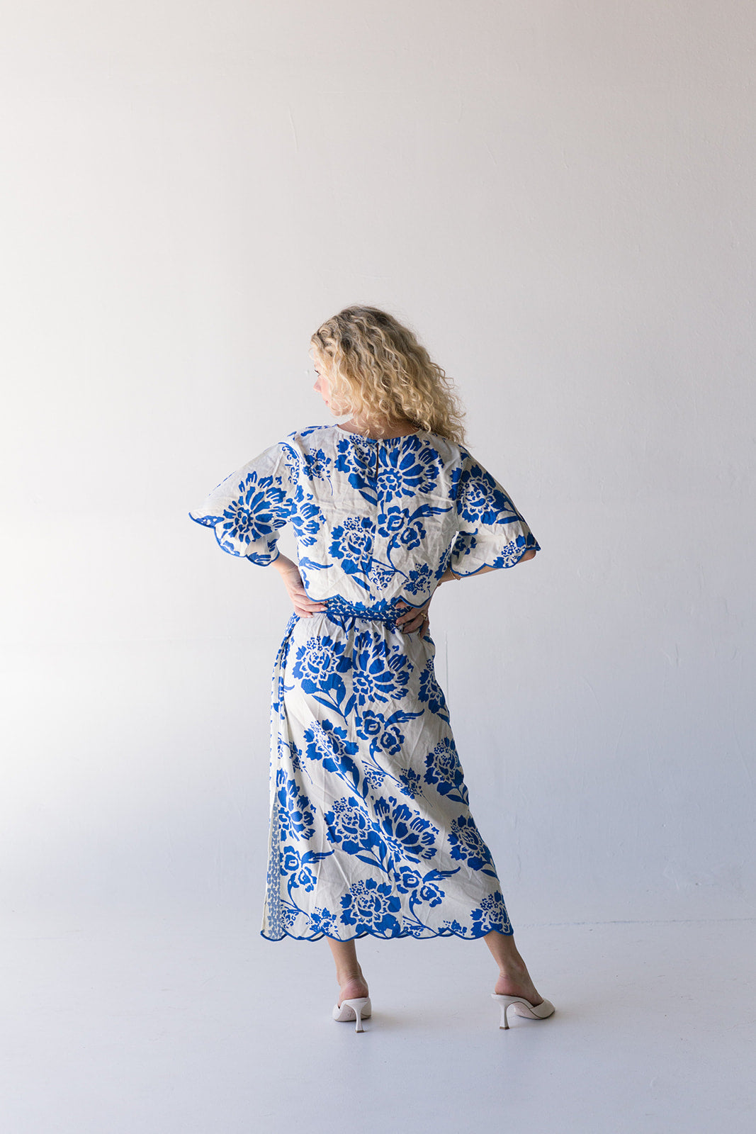 Veronica Linen Floral Skirt Set-Off White/Blue