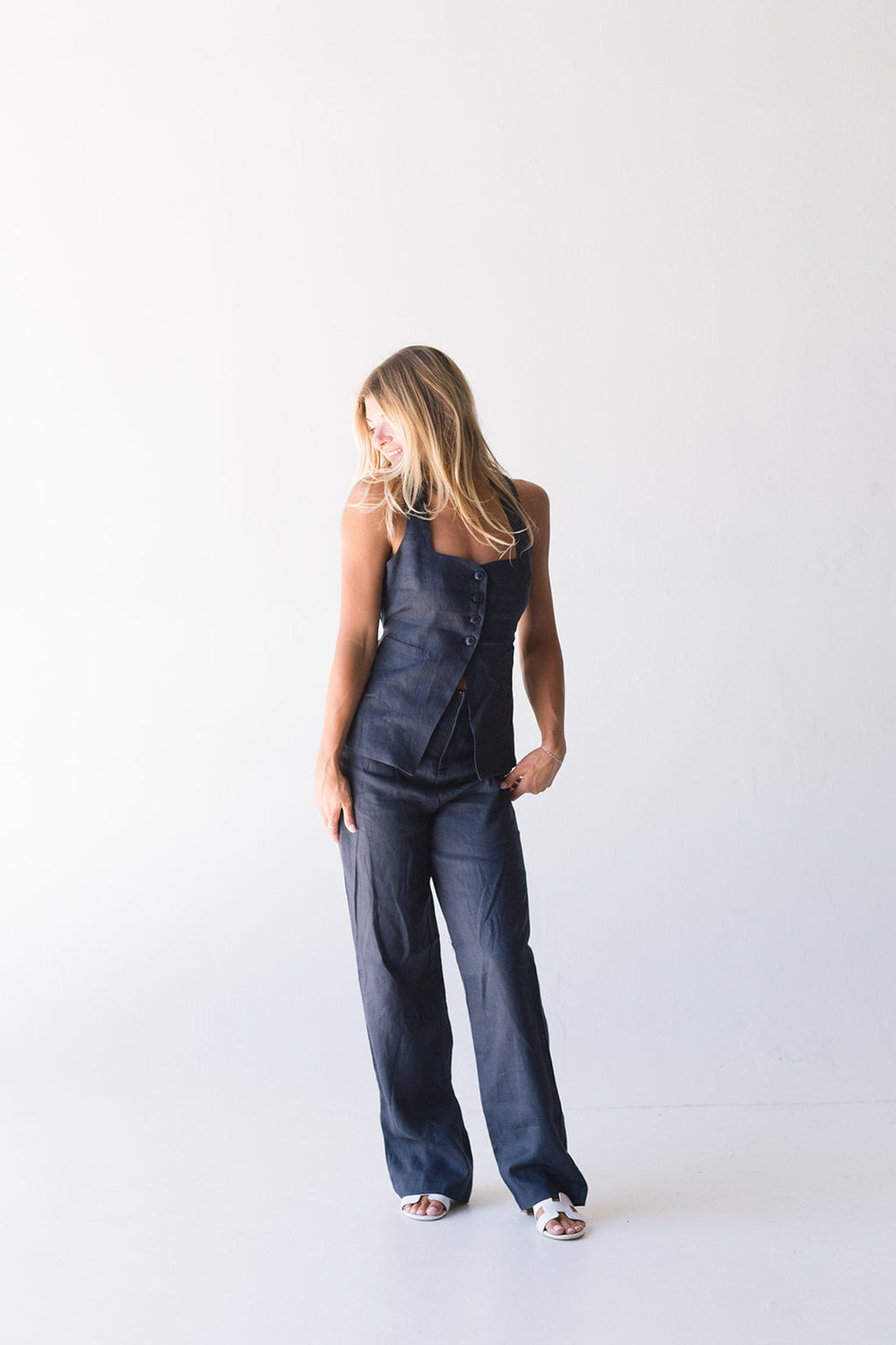 Collins Linen Vest Top - Navy