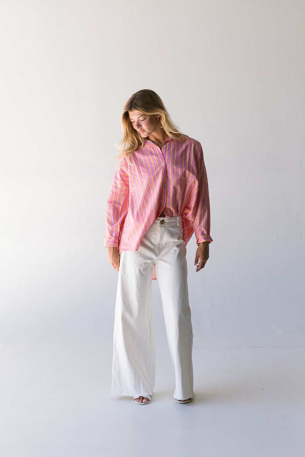 Izzy Striped Button Down Top -  Pink/Orange Thick Striped