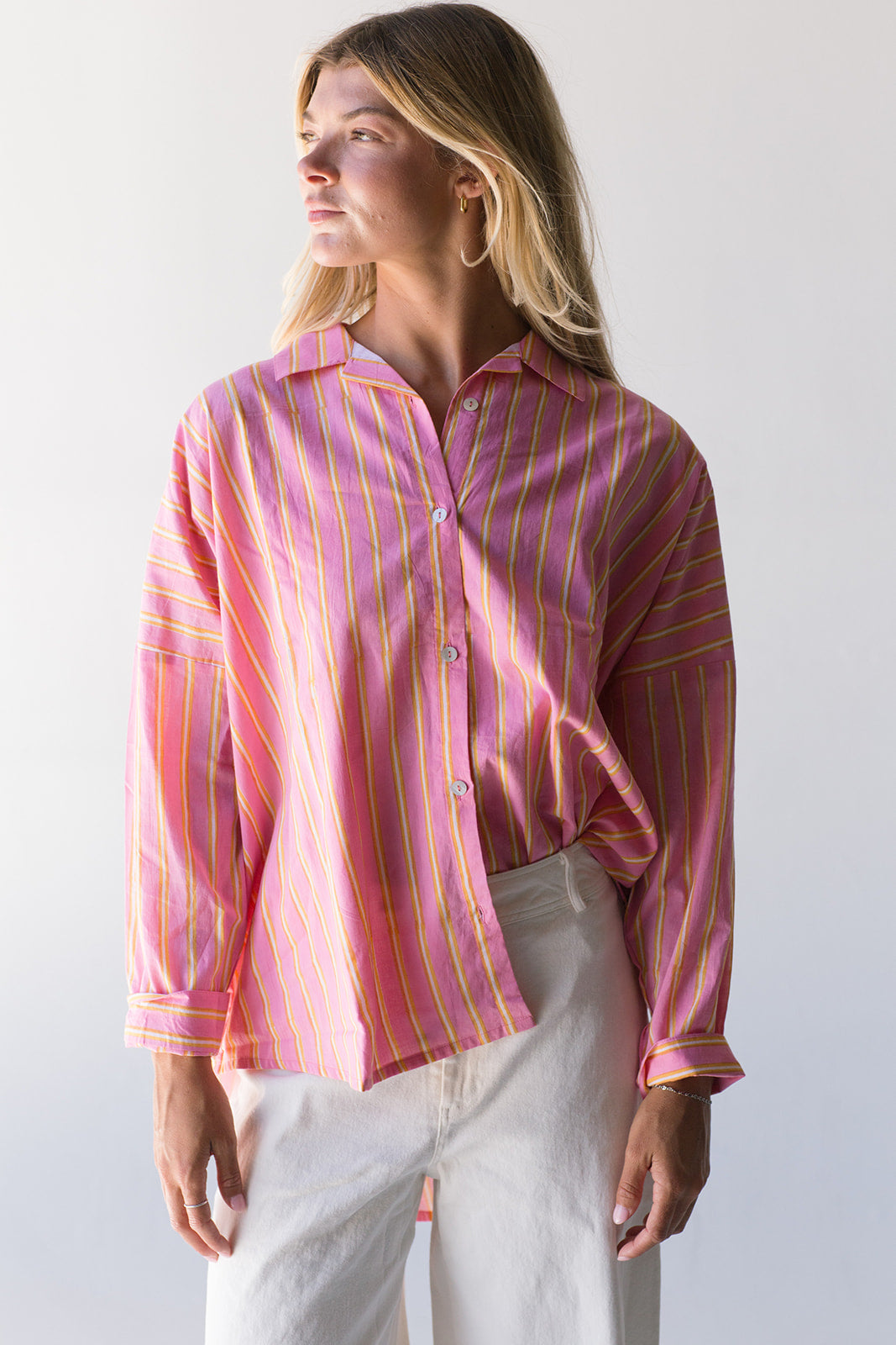 Izzy Striped Button Down Top -  Pink/Orange Thick Striped