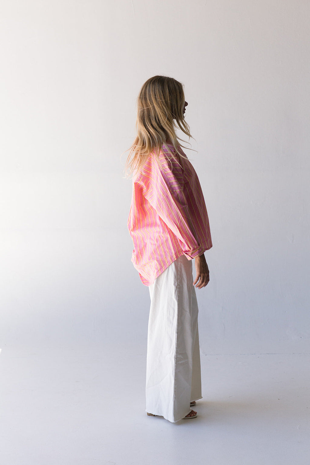 Izzy Striped Button Down Top -  Pink/Orange Thick Striped