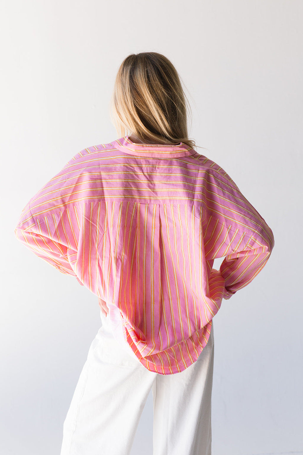 Izzy Striped Button Down Top -  Pink/Orange Thick Striped