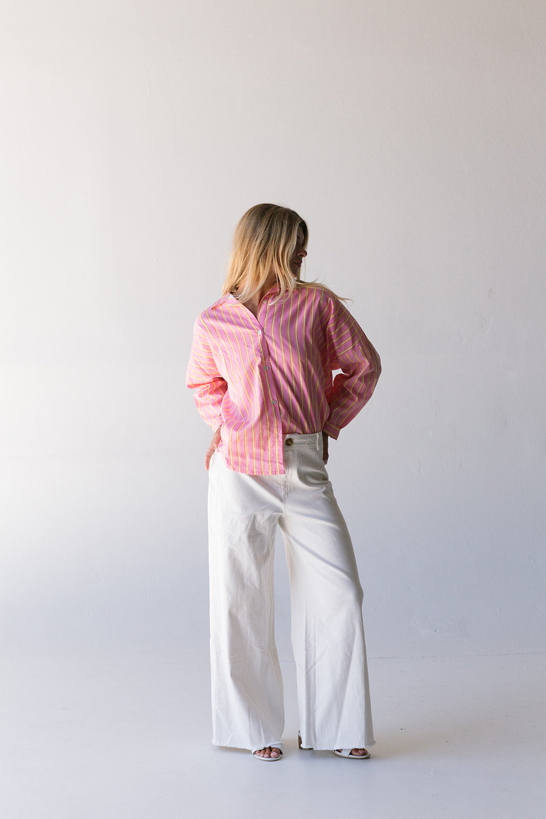 Izzy Striped Button Down Top -  Pink/Orange Thick Striped