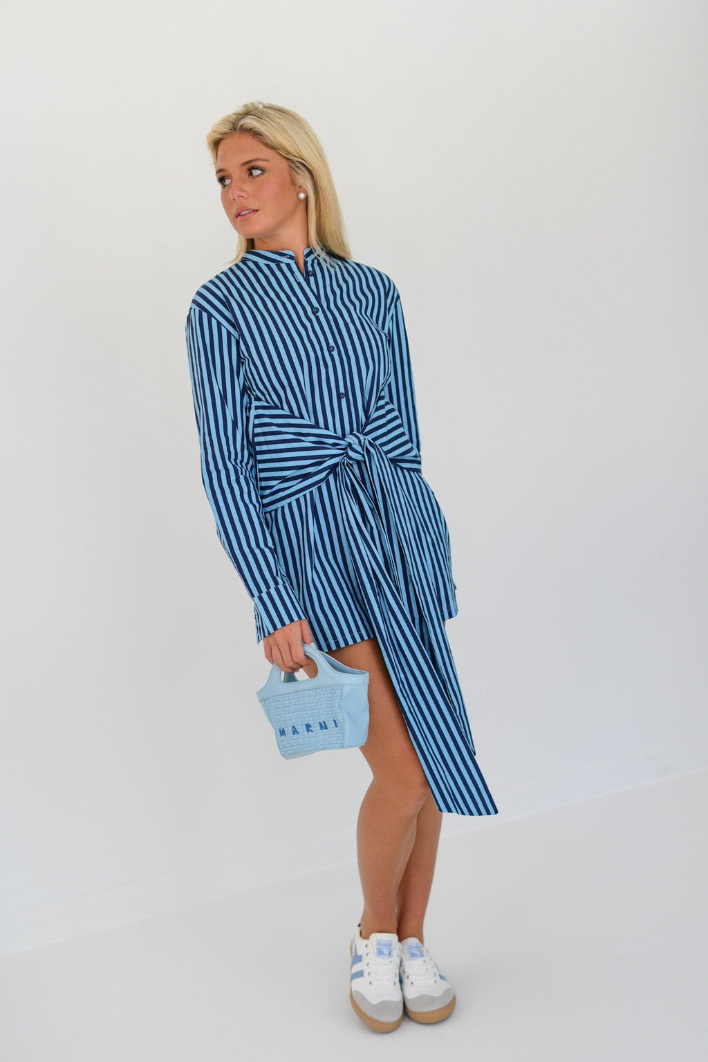 Josie Striped Button Tie Mini Dress - Navy/Light Blue