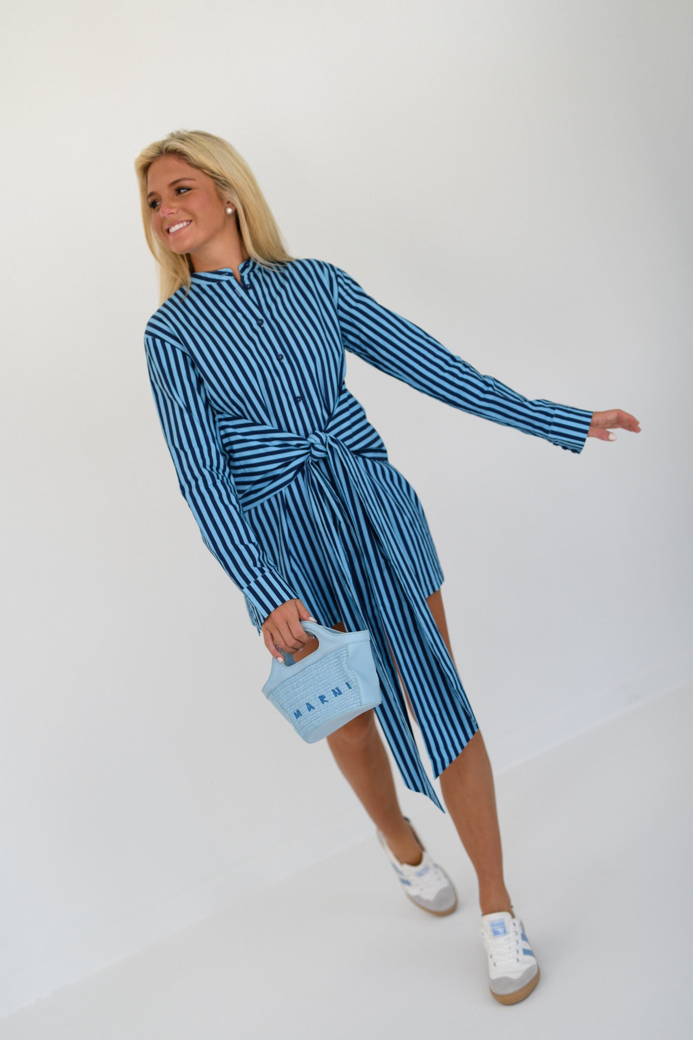 Josie Striped Button Tie Mini Dress - Navy/Light Blue