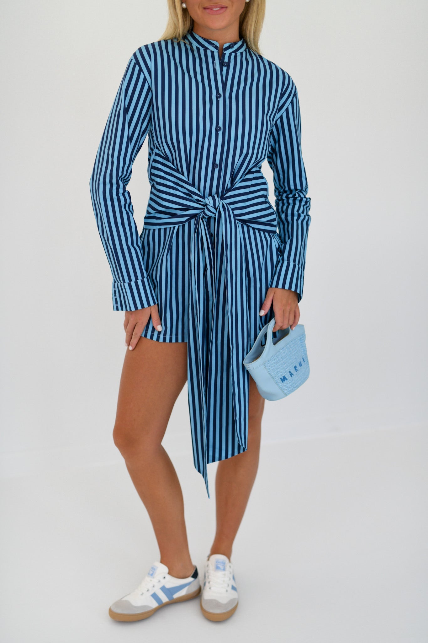 Josie Striped Button Tie Mini Dress - Navy/Light Blue