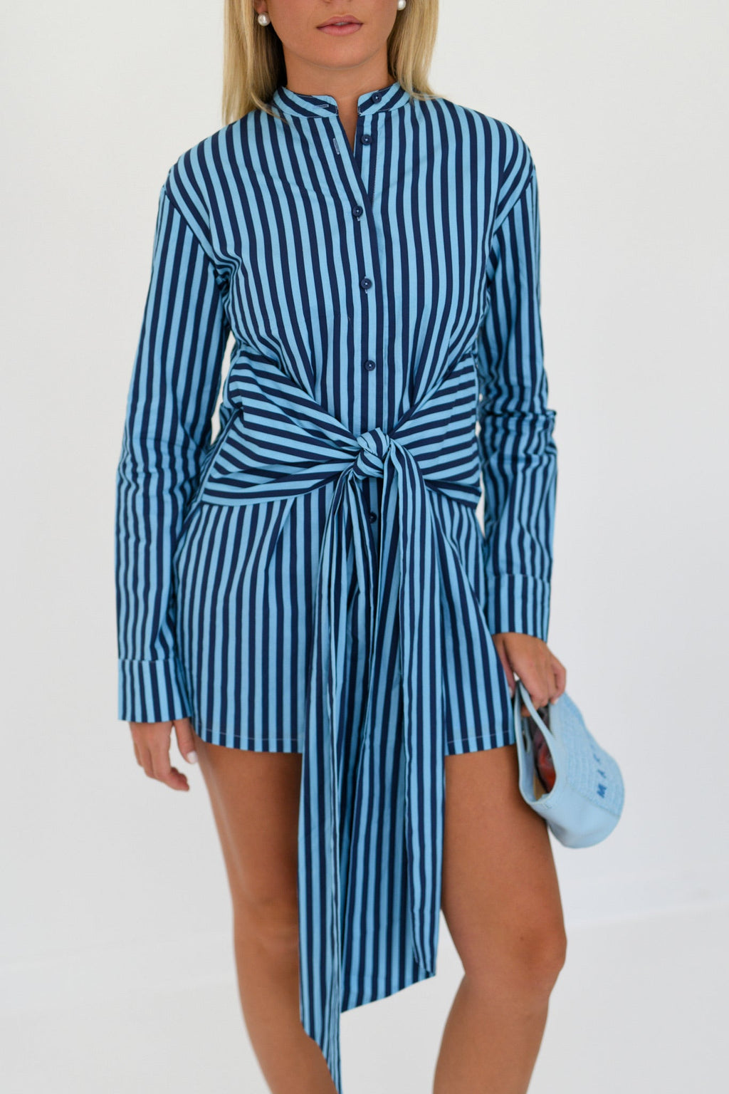 Josie Striped Button Tie Mini Dress - Navy/Light Blue