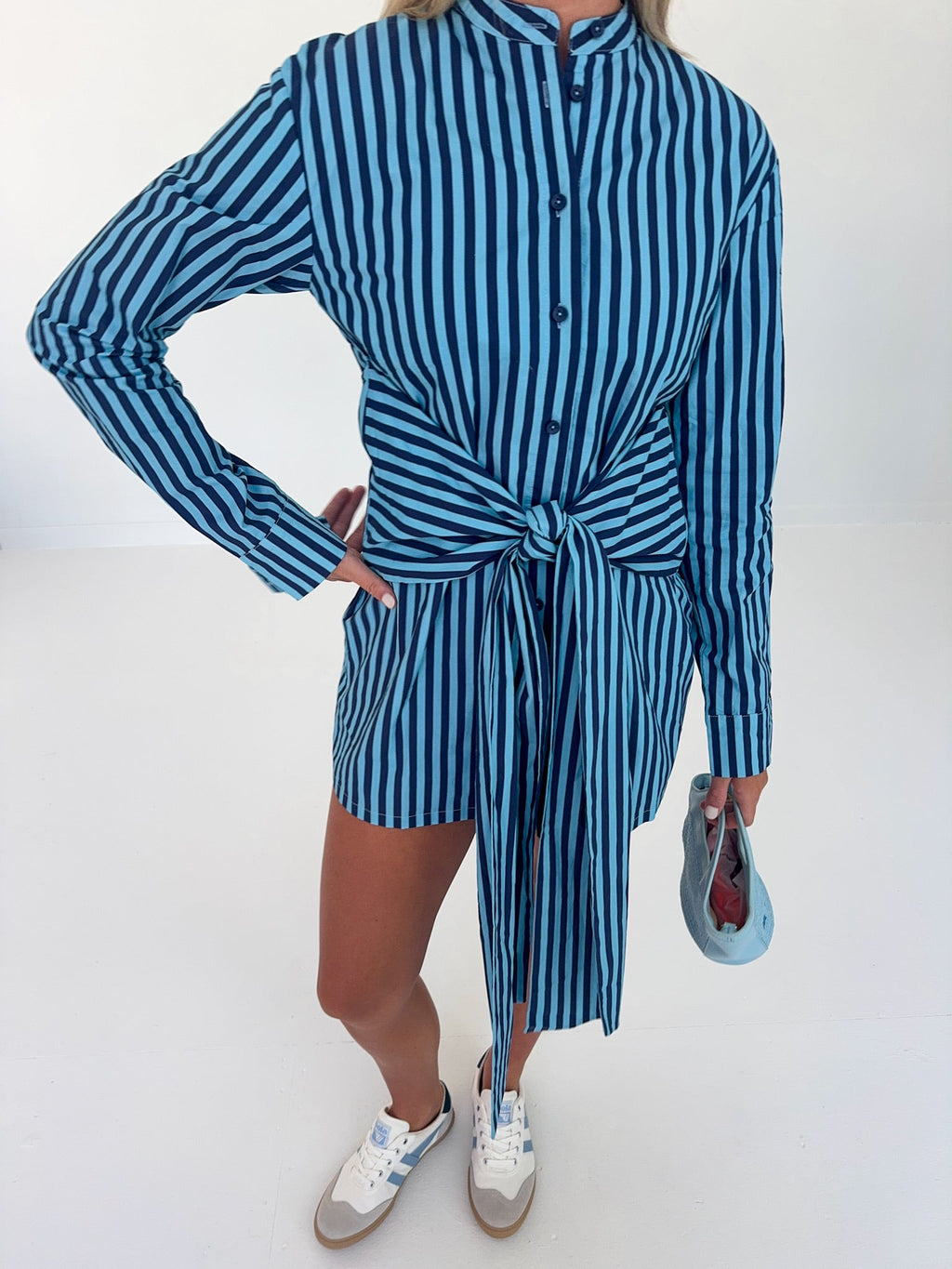 Josie Striped Button Tie Mini Dress - Navy/Light Blue