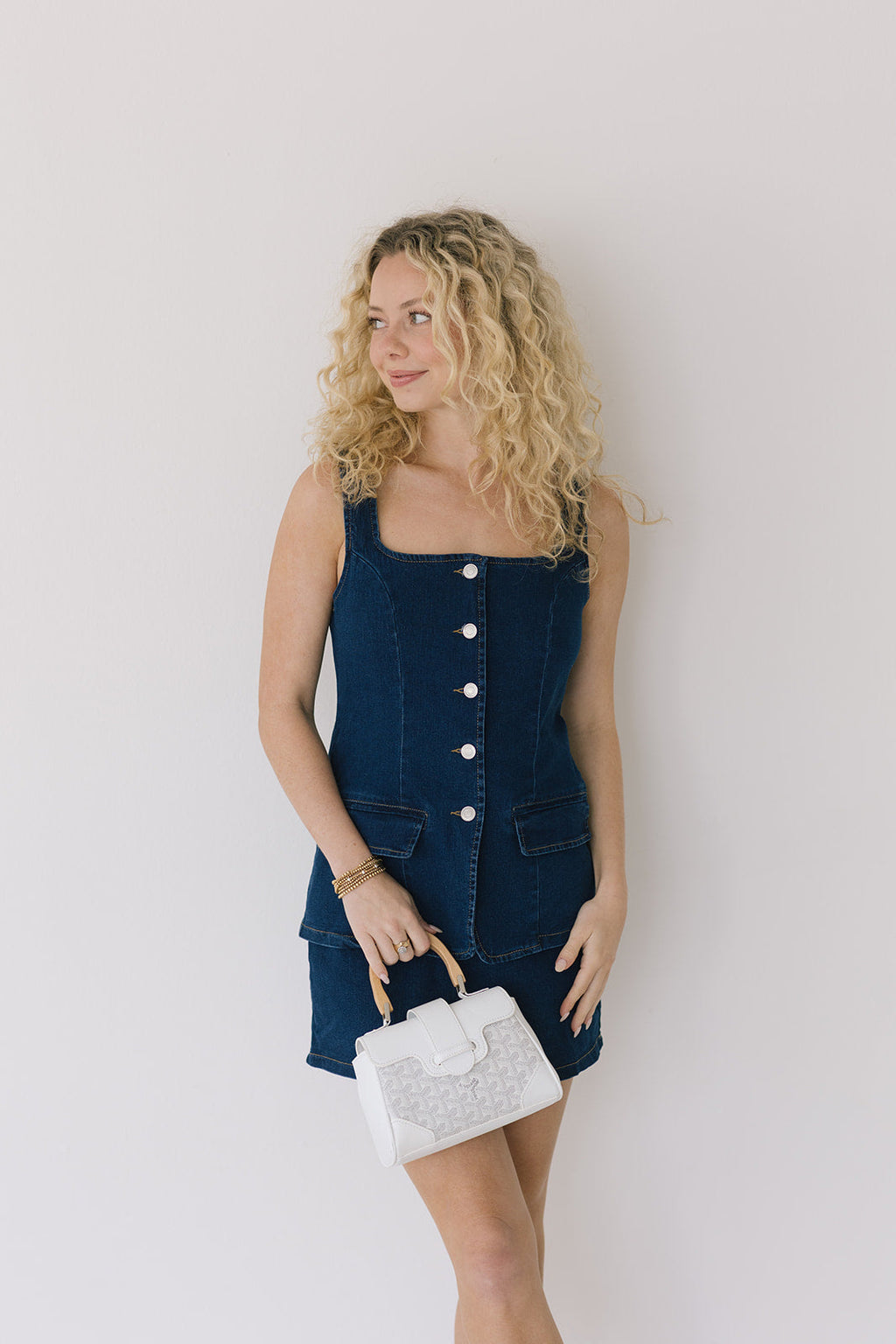 Laney Front Button Denim Mini Dress - Denim Blue