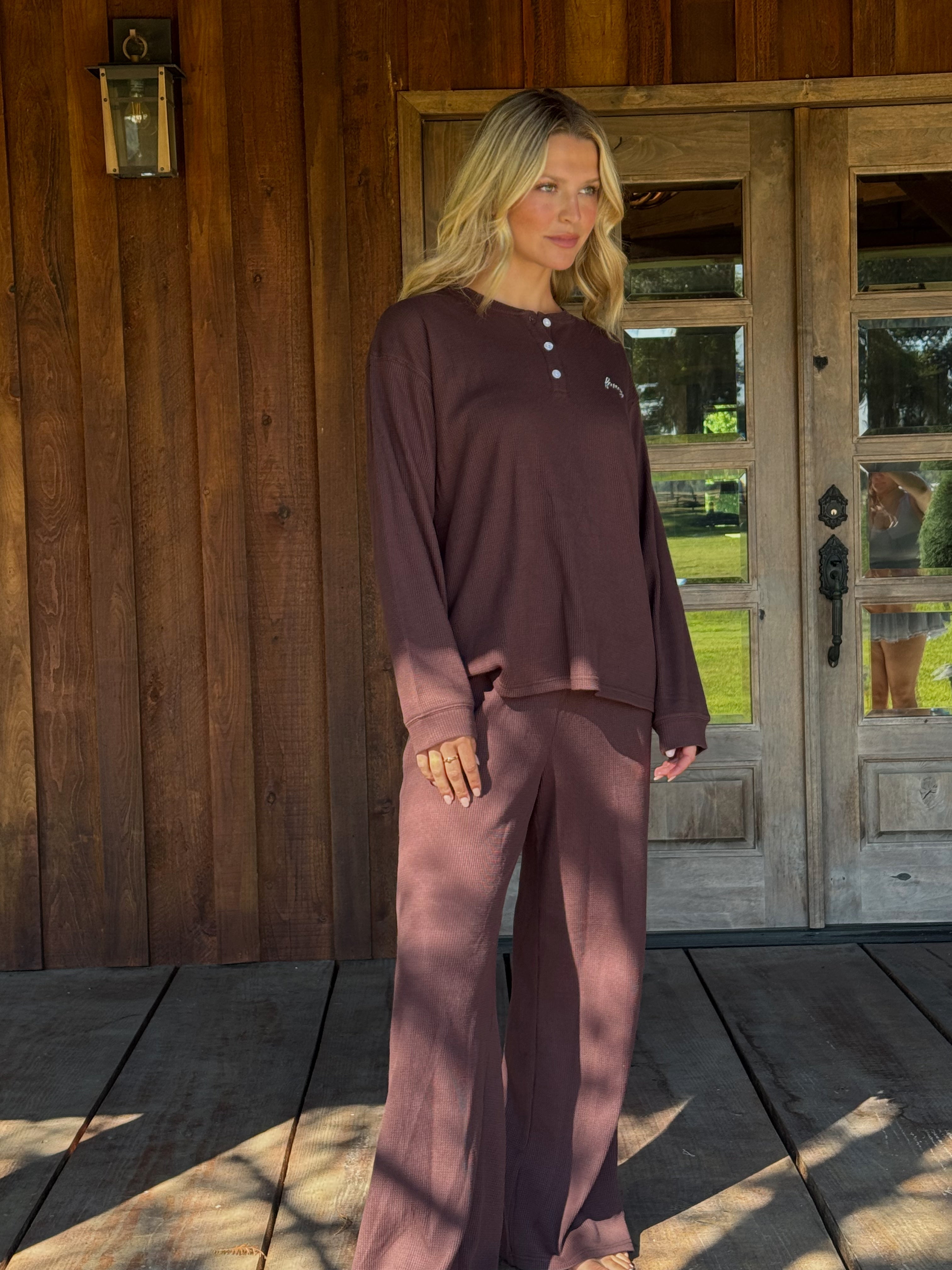 Fancy Buttoned Waffle Long Sleeve - Chocolate