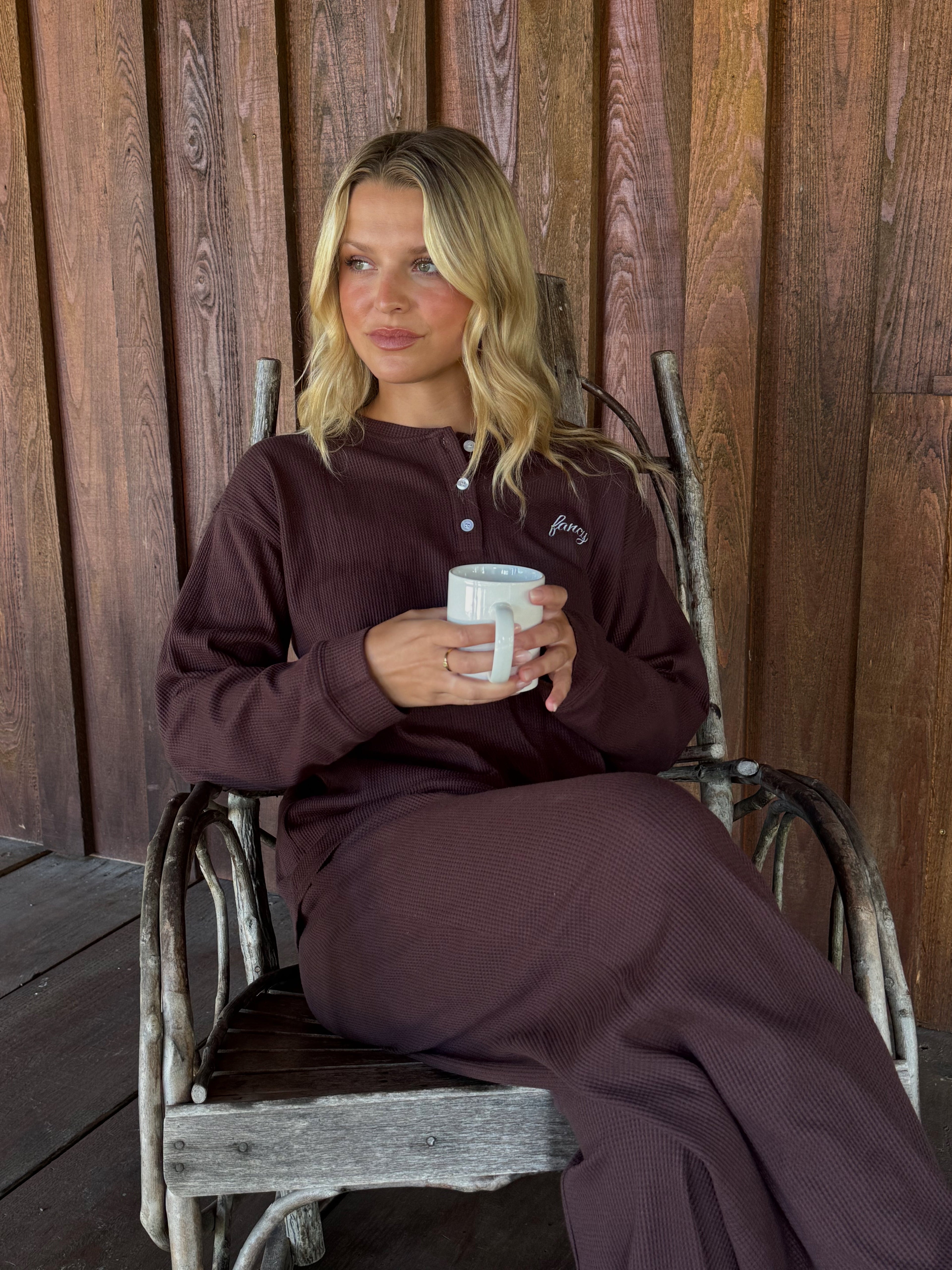 Fancy Buttoned Waffle Long Sleeve - Chocolate