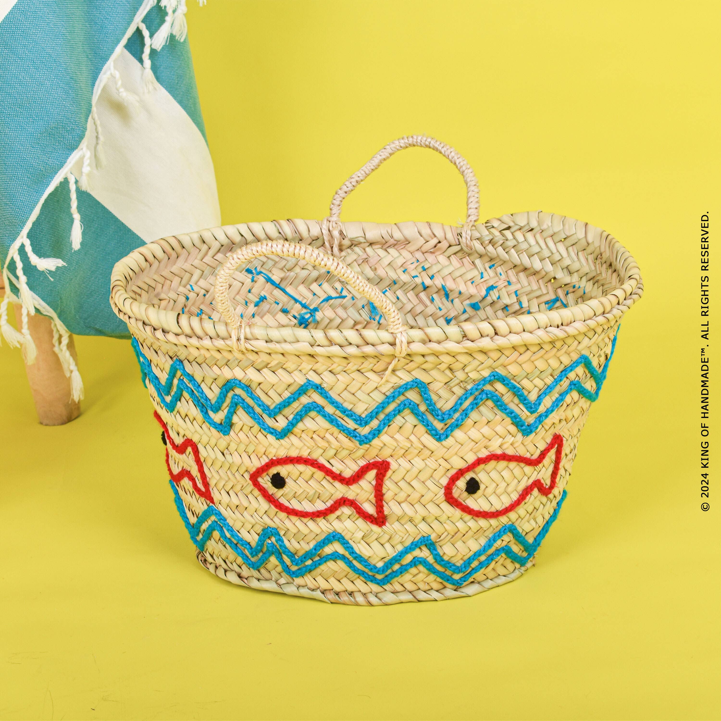 Handwoven Straw Beach Bag With Fish Motif - Vacation Bag