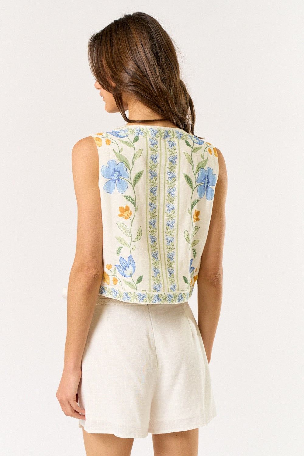 Lily Front Tie Vest - Off White/Blue Multi Floral