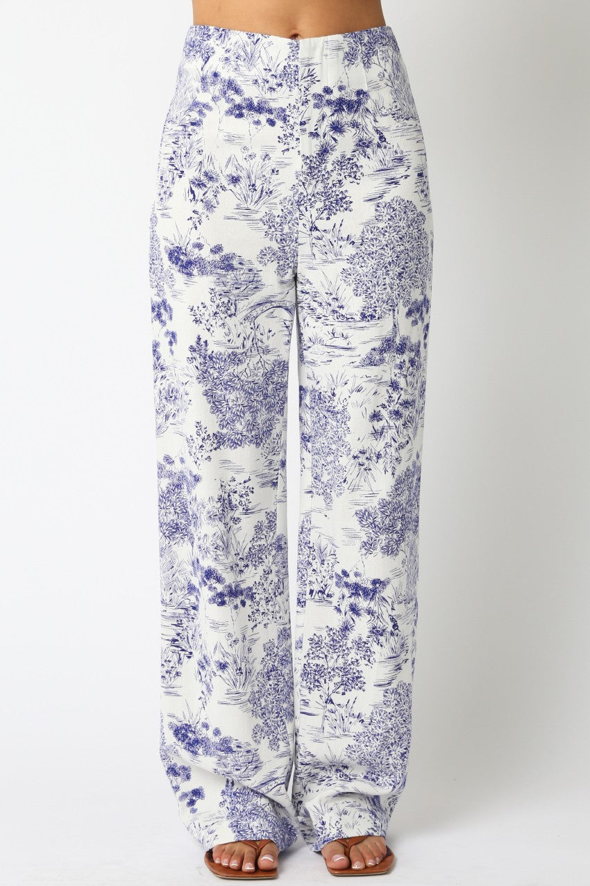 Alaya Floral Pants - White Blue