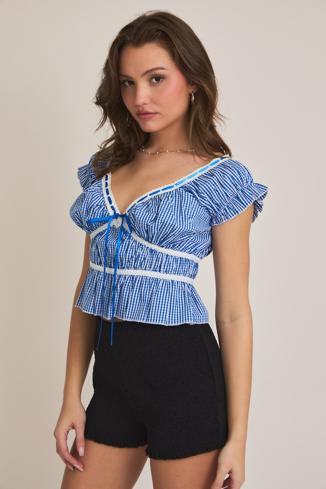 Pippa Top Lace Trim - Blue/White Gingham