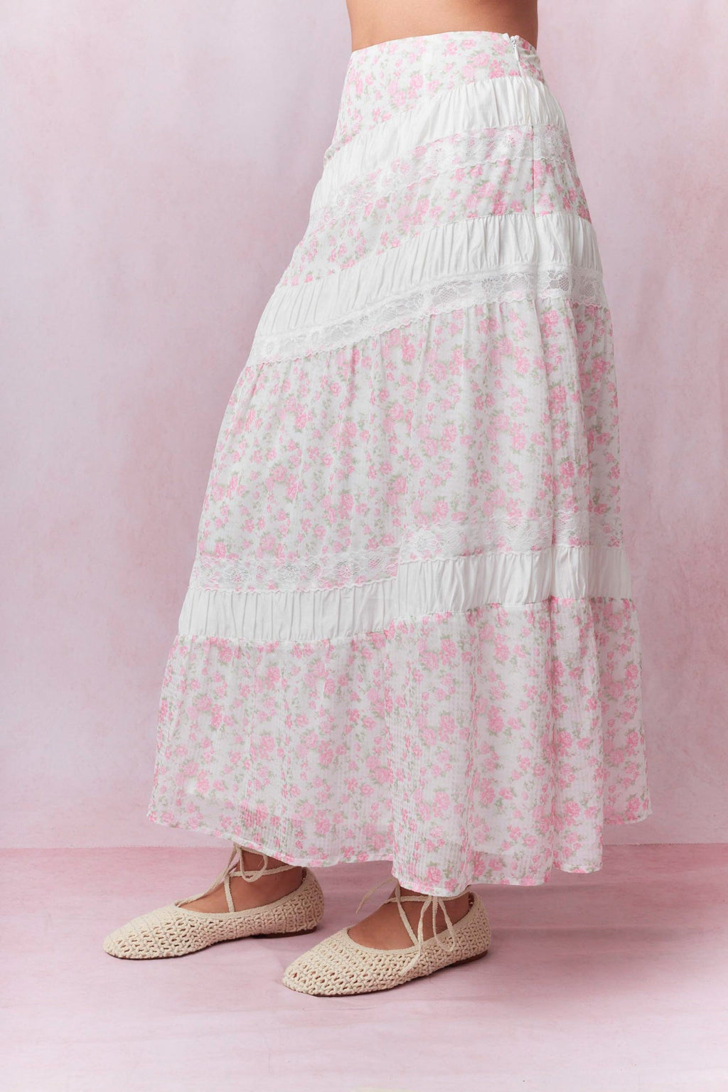 Claire Lace Trim Midi Skirt - White / Pink