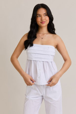 Trixie Strapless Pleated Top - White/Lt Blue Stripes