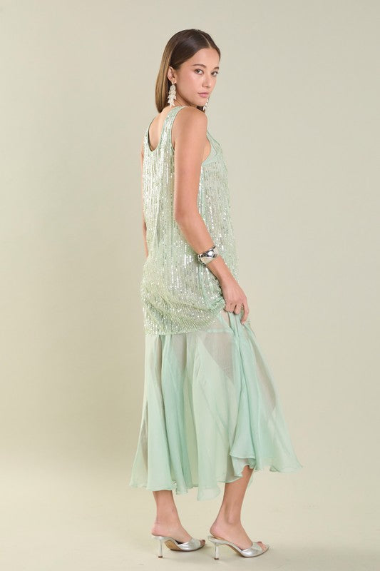 Thea Overlay Sequin Chiffon Maxi Dress - Sage
