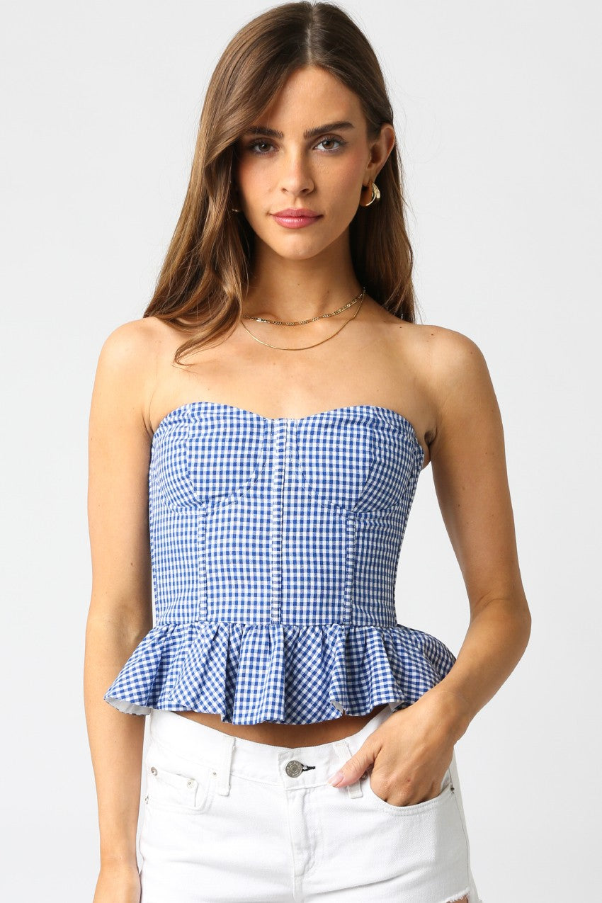 Serene Checkered Strapless Top - Blue White