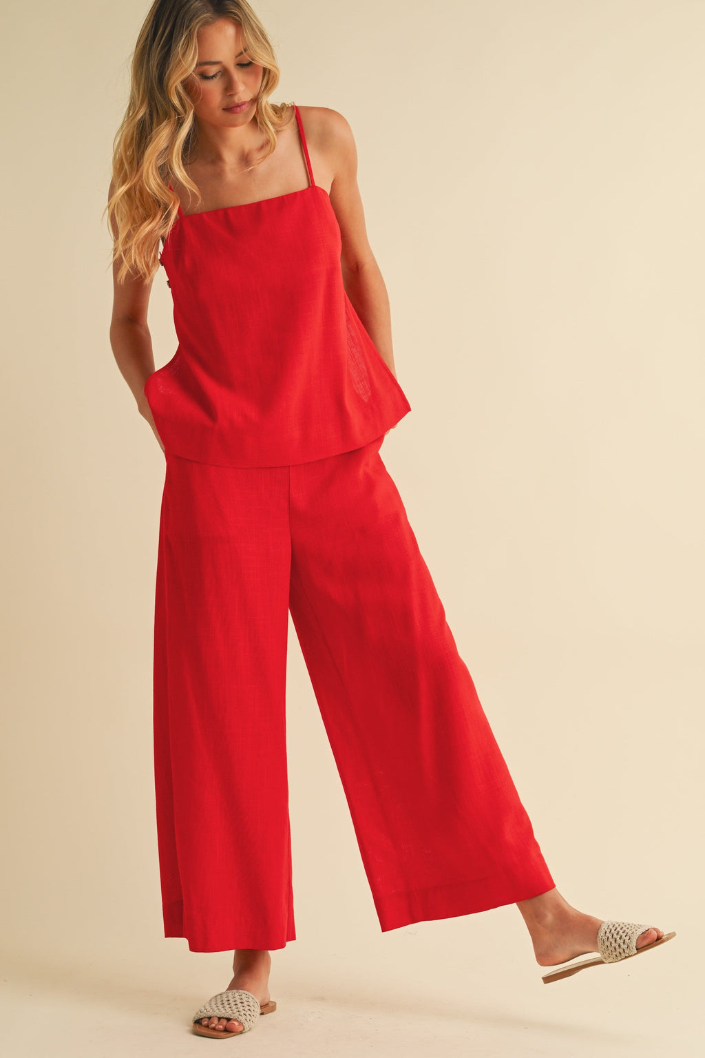 Sophie Square Neck and Wide Leg Pants Set - Red
