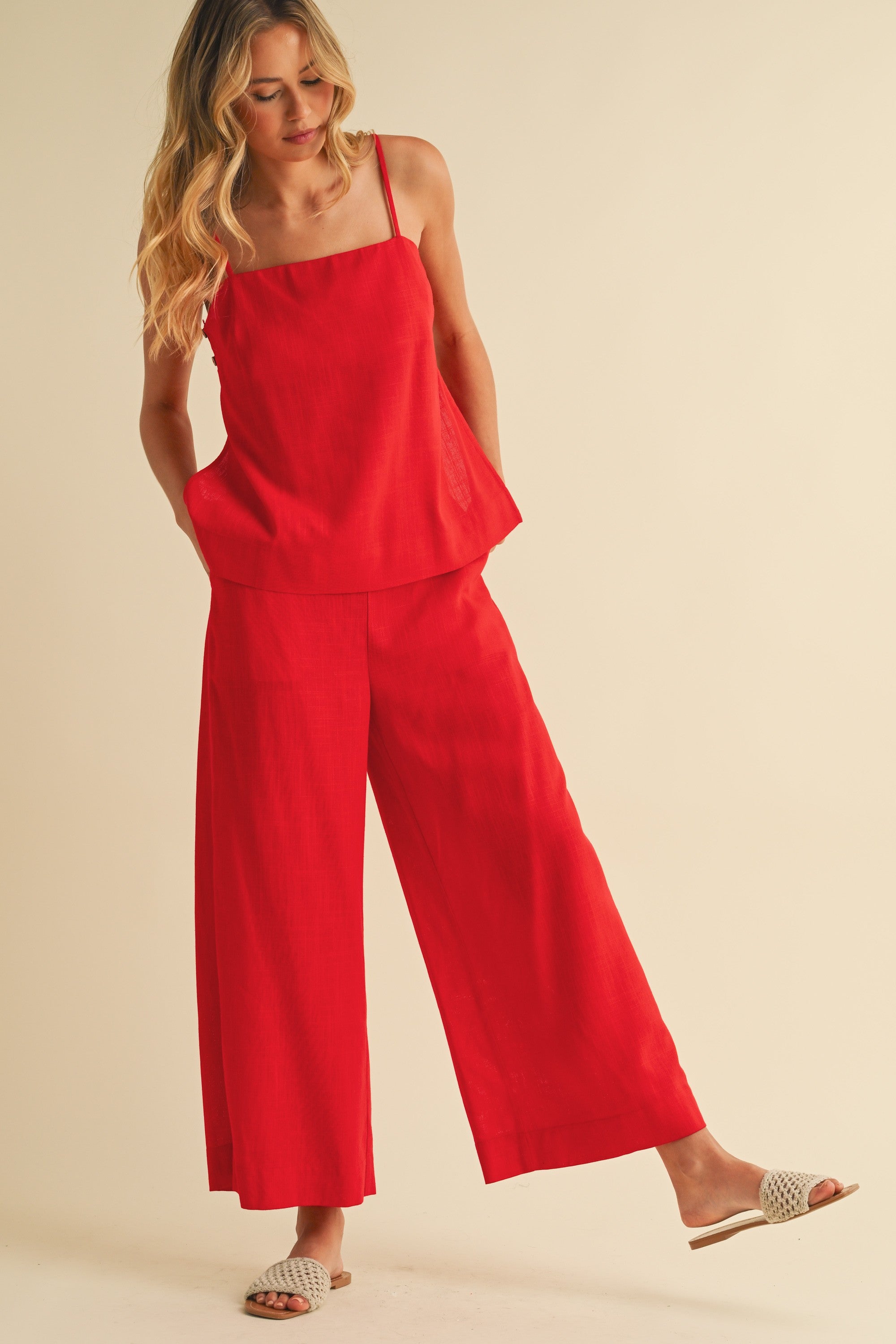 Sophie Square Neck and Wide Leg Pants Set - Red
