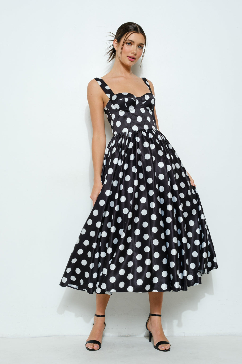 Aurora  Sweetheart Polka Dot Midi Dress - Black