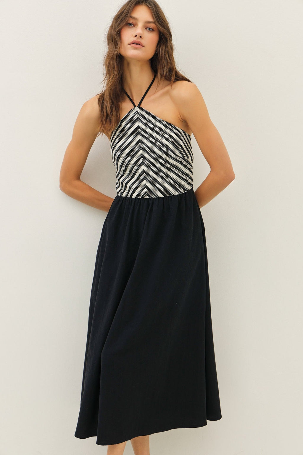 Lilly Halter Neck Stripe Crochet Midi Dress - Cream/Black