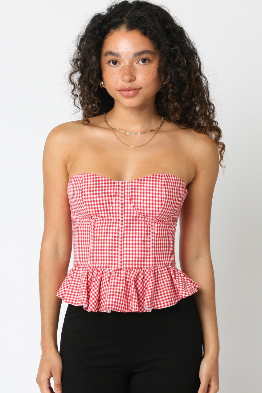 Leah Checkered Strapless Top - Red White